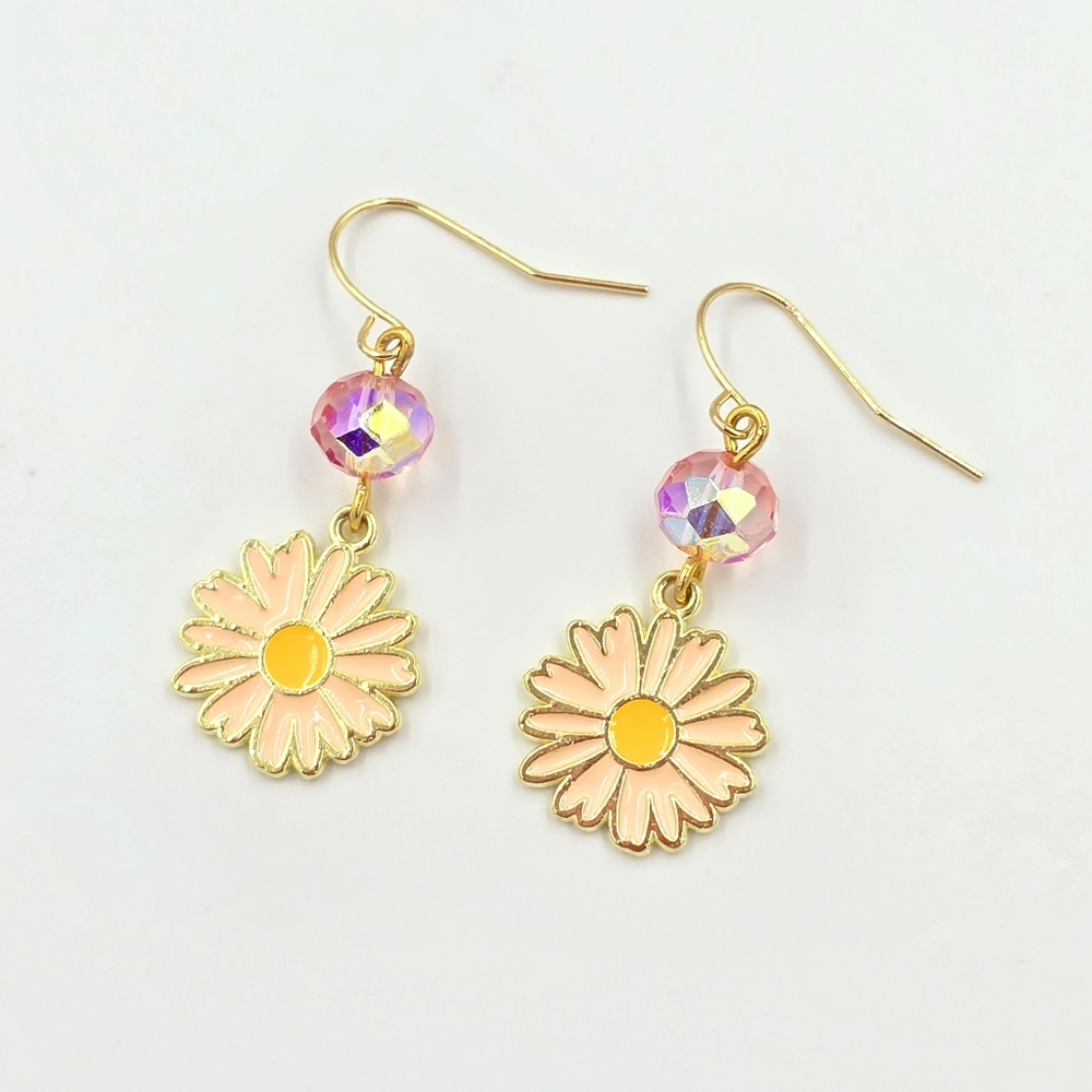 Pink & Gold Daisy Crystal Beaded Dangle Earrings Handmade Enamel Charms